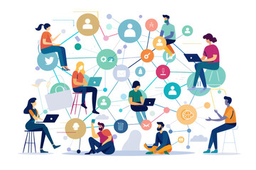 conceptual modern style illustration of people working in network, interacting with social media and interconnected to each other