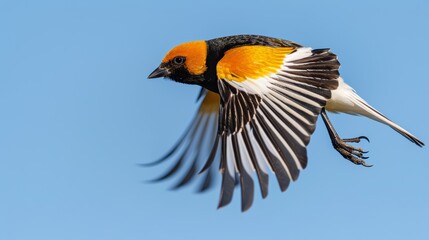 Fototapeta premium A sharp and vibrant photo of a Goldeeg bird in mid-flight, wings spread wide against a clear blue sky, focus cover all object