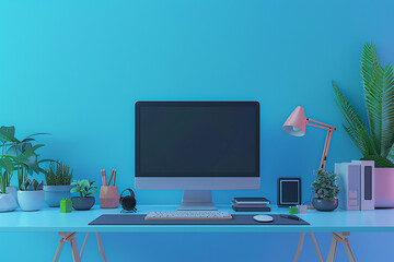 Workspace with flat design aesthetics, 3D animation, featuring computers and office supplies