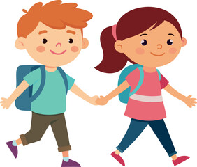 Cute cartoon kids holding hands, walking to school with backpacks, happy childhood friends