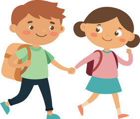 Cute cartoon of two children walking hand in hand with backpacks