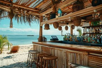 A beautiful beachside bar with wooden stools and a variety of alcoholic beverages on display. The clear blue sky and tranquil ocean in the background add to the relaxing atmosphere.
