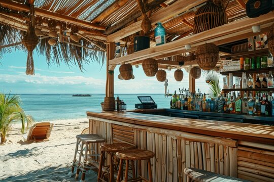 A beautiful beachside bar with wooden stools and a variety of alcoholic beverages on display. The clear blue sky and tranquil ocean in the background add to the relaxing atmosphere.