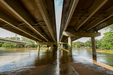 Buffalo Bayou Park, Houston, flooded after Hurricane Beryl.