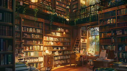 Quiet bookstore interior with tall shelves, cozy reading nooks, and a warm, inviting atmosphere, representing knowledge and escape.


