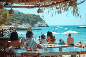 A family relaxes and enjoys drinks at a scenic beach bar during daytime. The scene captures people in swimsuits and boats on the water, with mountains in view.