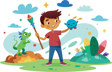 Fototapeta premium Happy child playing with magical creatures in a colorful fantasy world
