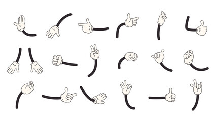 Cartoon comic hands in white gloves showing various gestures. Retro characters hand actions, signs of approval blow rock good idea, snugly vector set © MicroOne