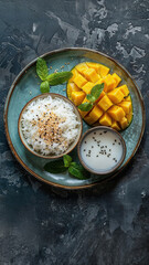 Delicious Mango Sticky Rice Dessert with Fresh Mint Leaves