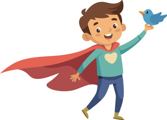 Happy cartoon boy in red cape holding blue bird, smiling, isolated on white background