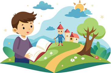 Naklejka premium Illustration of a child reading a book with a magical storybook world