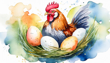 watercolor painting of a hen with eggs logo
