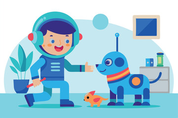 Fototapeta premium Illustration of child astronaut with robotic dog and small animal in futuristic room