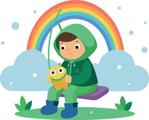 Obraz premium Happy child fishing with a toy under a rainbow on a grassy hill