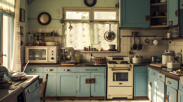 Vintage kitchen scene with old-fashioned appliances, retro decor, and a warm, nostalgic atmosphere, evoking a sense of home and history.


