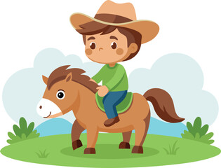 Cute cartoon boy riding a pony with a cowboy hat in a grassy landscape