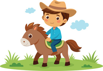 Obraz premium Illustration of a young boy in a cowboy hat riding a horse in a grassy field