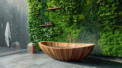 Fototapeta premium A contemporary bathroom with a touch of nature, featuring a wooden bathtub and a living green wall