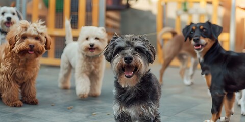 Dogs happily playing and socializing at doggy day care with furry friends. Concept Doggy Day Care, Canine Socialization, Playful Pups, Happy Dogs, Furry Friends
