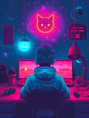 A person sits at a computer in a brightly lit room with a neon cat sign,  surrounded by futuristic gadgets.
