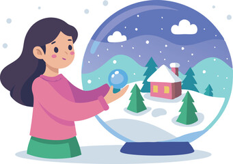 Obraz premium Girl Observing a Giant Snow Globe with Winter Landscape