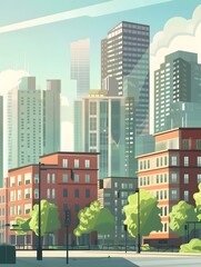 A vibrant cityscape with tall skyscrapers and charming brick buildings under a bright blue sky.