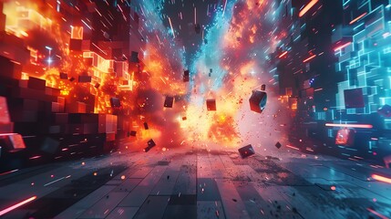 Fototapeta premium Abstract digital art with red and blue glowing cubes, lines, and smoke.