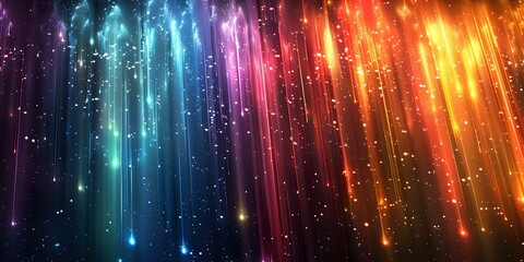 Abstract image of colorful light beams with sparkling particles, creating a vibrant and dynamic visual. Perfect for illustrating creativity, energy, and modern design concepts.