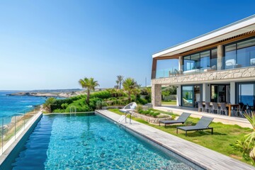 Fototapeta premium A luxurious coastal home featuring an infinity pool with spectacular sea views. Perfect for those seeking relaxation and unparalleled comfort by the ocean.