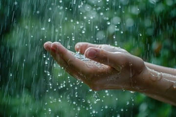 Fototapeta premium Woman is catching falling rain drops with her hands in the summer rain