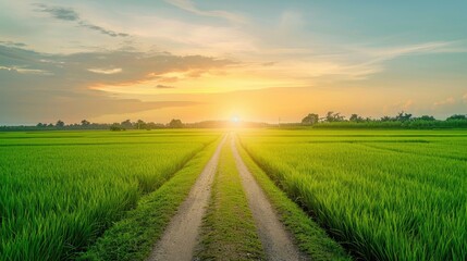 Fototapeta premium Sunset Over a Green Rice Paddy Field