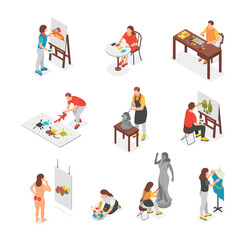 Isometric creative people. Men women drawing painting make sculptures and play construction kit. Flower planting hobby, flawless vector bundle