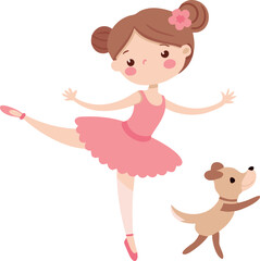 Fototapeta premium Ballerina in pink tutu dancing with a small dog