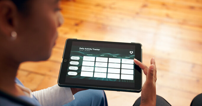 Woman, medical and tablet screen for health activity of daily schedule, monitor and medication reminder for wellness. Caregiver, digital tech or Telehealth, meal planning and app support for dementia
