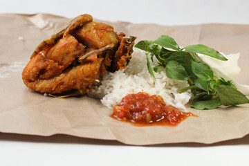 Pecel ayam or ayam penyet is a traditional Javanese food from Indonesia served with fried chicken, rice, cucumber, cabbage, basil and chili sauce isolated on white background, on paper packaging