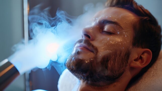 A man lies with his eyes closed as a cold mist is applied to his face.