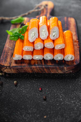crab stick stuffing cream cheese and herbs natural fresh appetizer meal food snack on the table copy space food background rustic top view