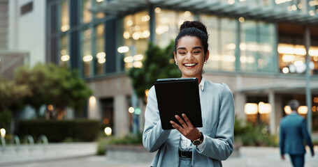 Smile, business and woman with tablet outdoor for communication, research and typing email on...