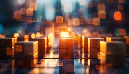 Wooden cubes on a reflective surface with blurred lights in the background. Abstract and geometric concept. Design for poster, wallpaper, banner, header. Close-up shot