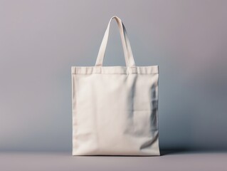 Blank white canvas tote bag isolated on gray background.