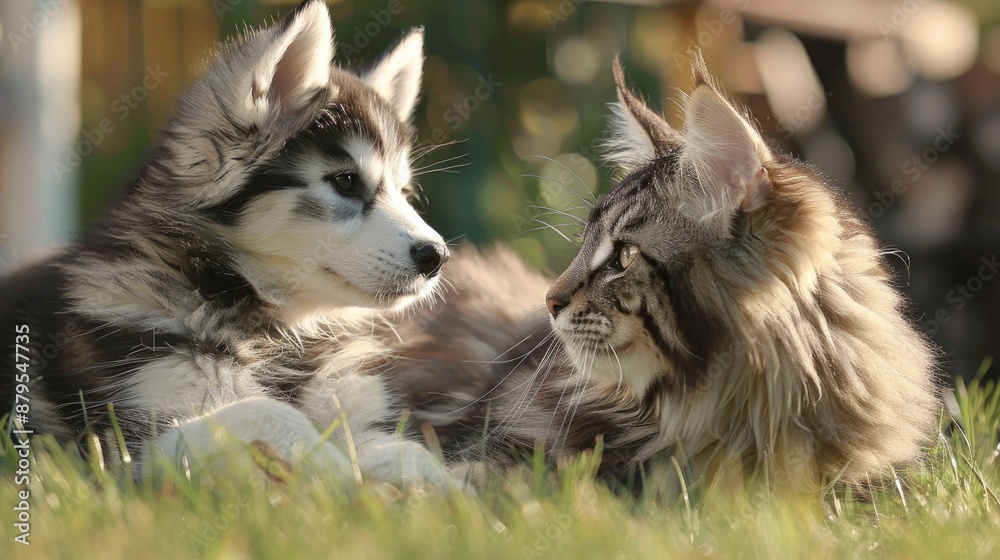 Canvas Prints Malamute puppy and Maine Coon cat on grass gazing away