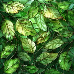 Fototapeta premium Detailed stained glass artwork of green leaves with intricate veins and textures, creating a vibrant and natural design. 
