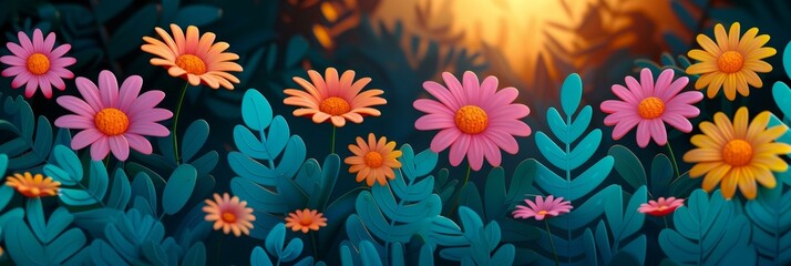 Colorful Flower Field, Magical Garden Scene, Vibrant Daisy Illustration