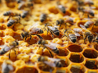 Close Up of Busy Bees on Honeycomb in Daylight