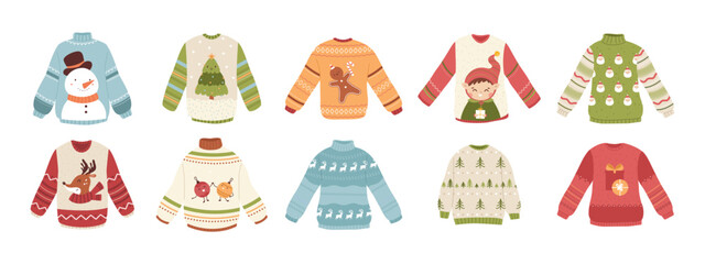 Ugly sweaters set. Cartoon sweater christmas party design. Xmas outfit for friends or family, funny holiday knit clothes. Different jumpers snugly vector set