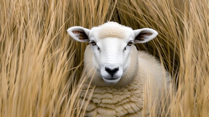 Obraz premium A stunning and clear photo of a white sheep resting in a field of tall, golden grass, focus cover all object