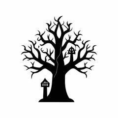 Gothic tree vector illustration, Halloween tree vector art, tree silhouette, tree with roots