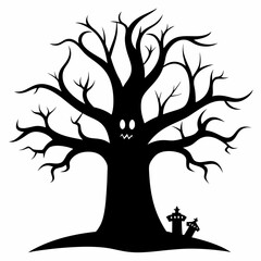 Gothic tree vector illustration, Halloween tree vector art, tree silhouette, tree with roots