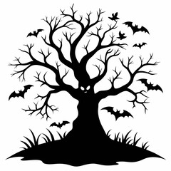 Gothic tree vector illustration, Halloween tree vector art, tree silhouette, tree with roots
