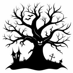 Gothic tree vector illustration, Halloween tree vector art, tree silhouette, tree with roots